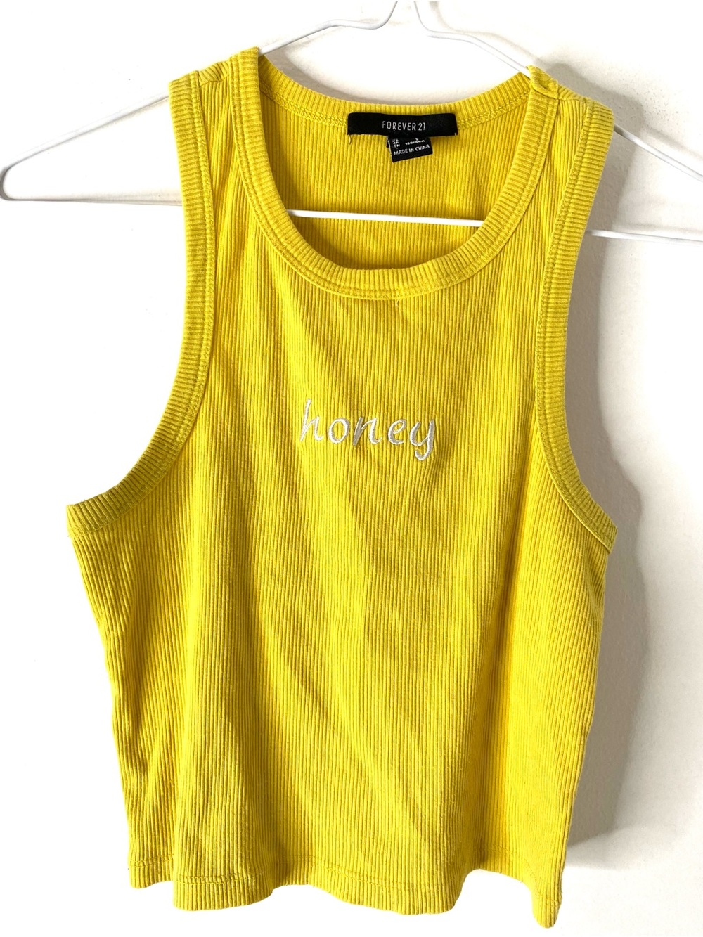 Forever 21 Honey Embroidered Yellow Ribbed Crop Tank Top
